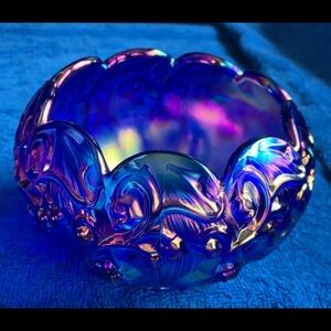 Fenton Lily of the Valley Cobalt Blue Carnival Iridescent Glass Rose Bowl